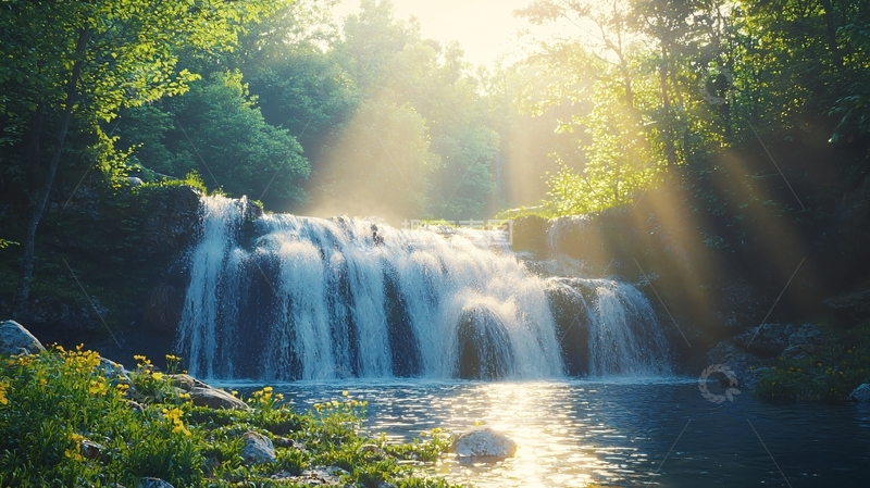 高清大图下载【趣麦麦图】阳光森林瀑布