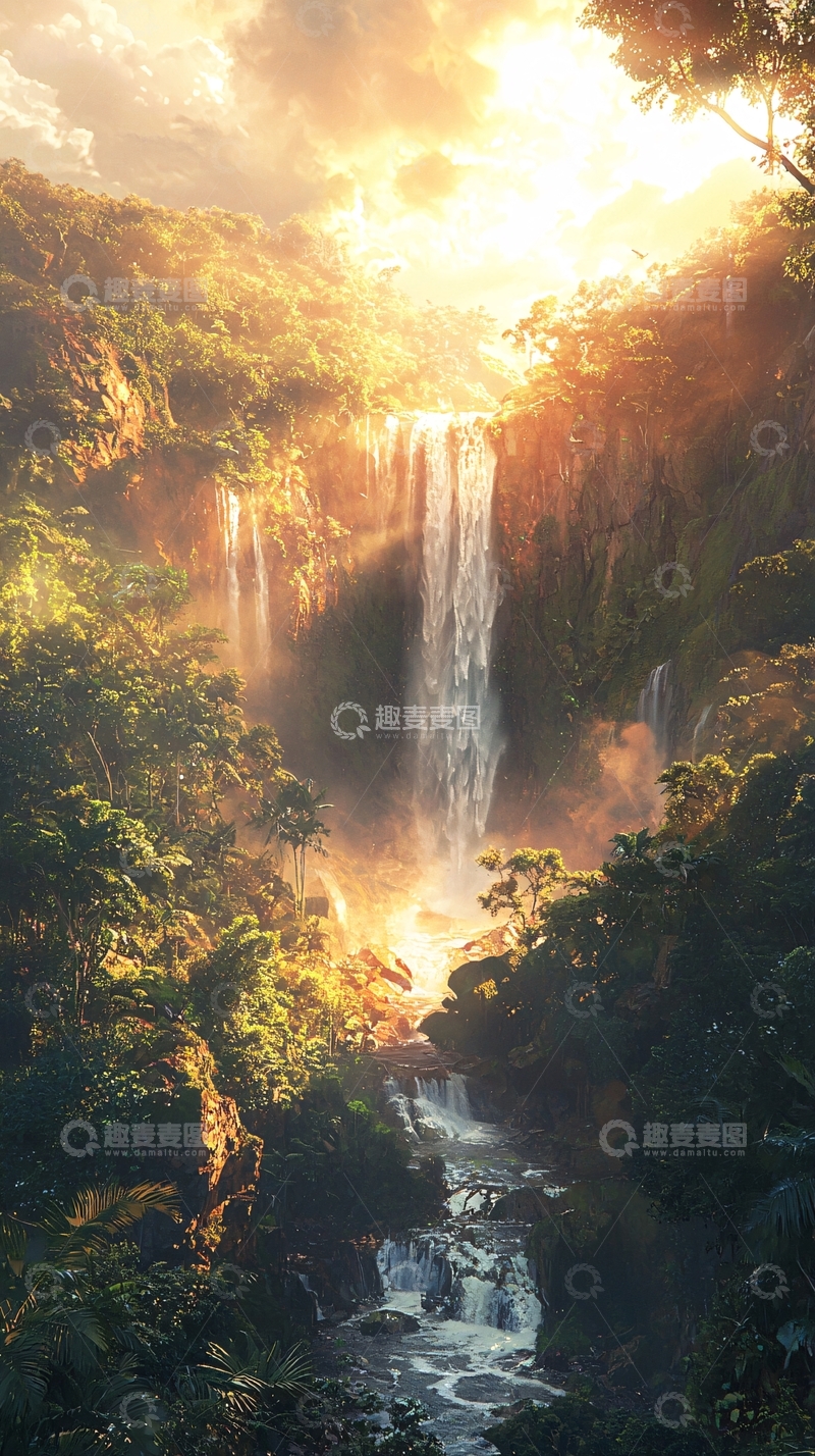 高清大图下载【趣麦麦图】阳光森林瀑布