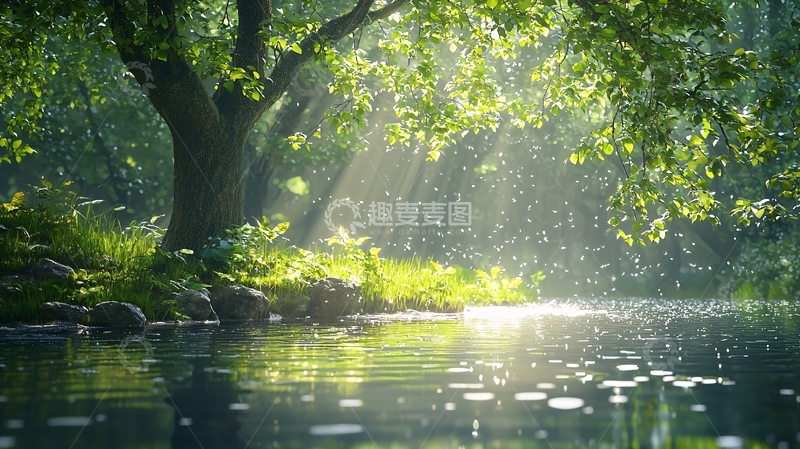 高清大图下载【趣麦麦图】阳光透过树林洒在河面