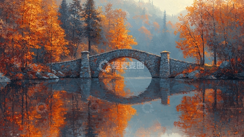 高清大图下载【趣麦麦图】秋日古桥倒影