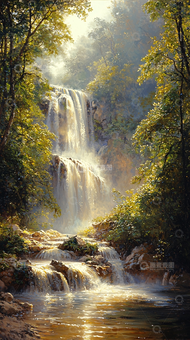 高清大图下载【趣麦麦图】阳光森林瀑布