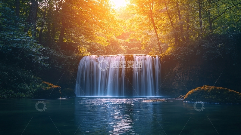 高清大图下载【趣麦麦图】阳光森林瀑布