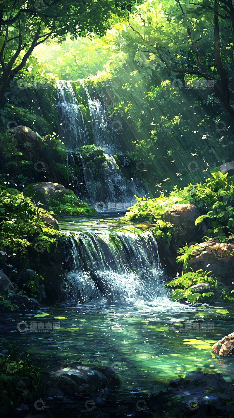 高清大图下载【趣麦麦图】森林瀑布阳光