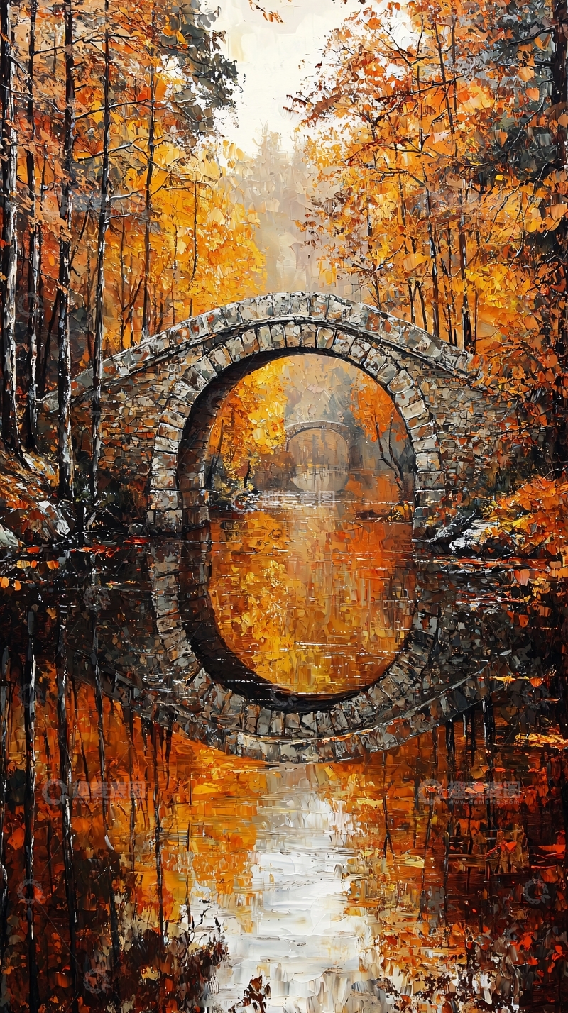 高清大图下载【趣麦麦图】秋日森林石拱桥倒影