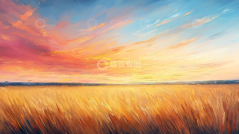 高清大图下载【趣麦麦图】日落麦田油画风格