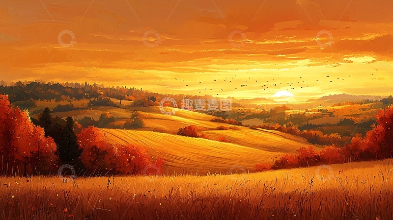 高清大图下载【趣麦麦图】秋季日落田园风光