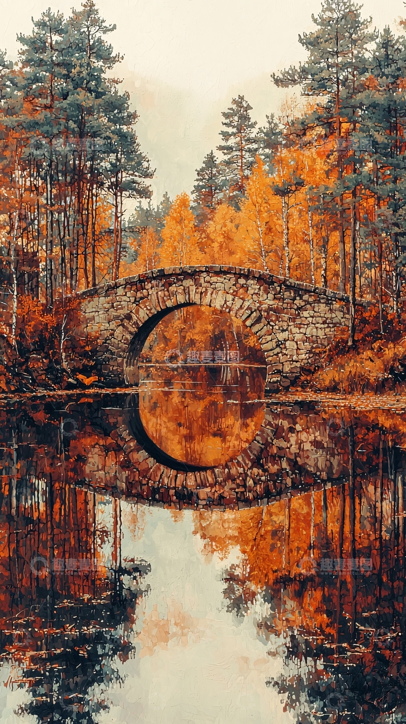 高清大图下载【趣麦麦图】秋日森林石桥倒影