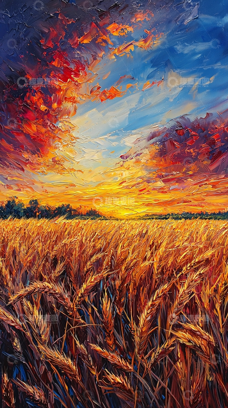高清大图下载【趣麦麦图】油画夕阳麦田风景