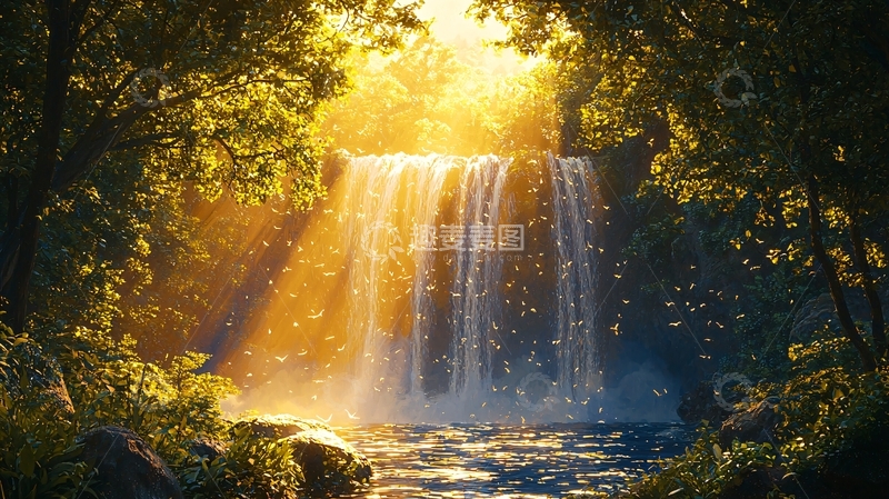 高清大图下载【趣麦麦图】阳光森林瀑布