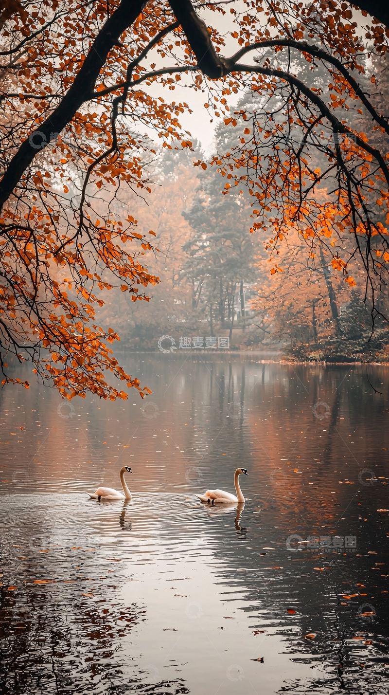 高清大图下载【趣麦麦图】秋日湖面两白鹅