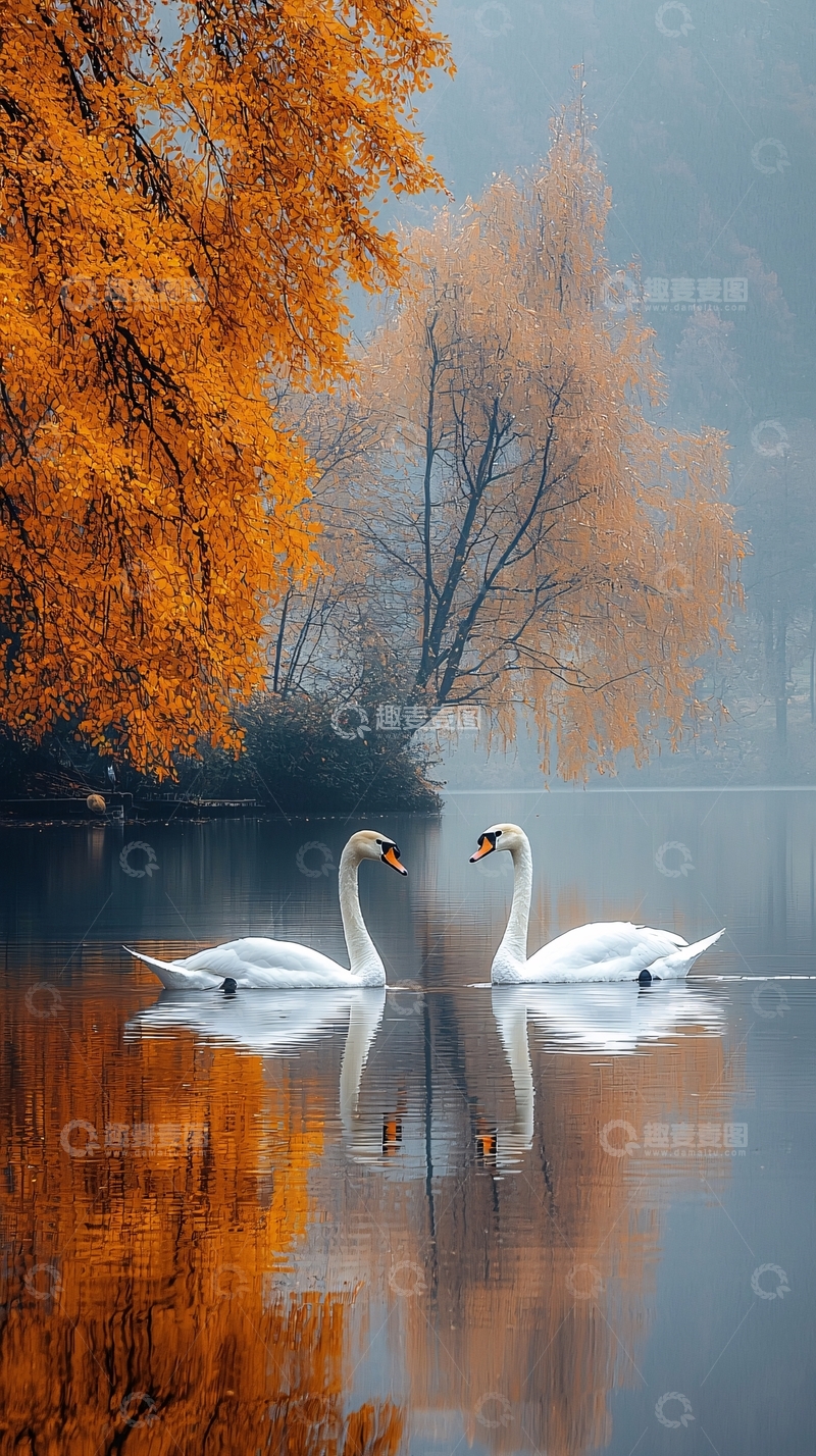高清大图下载【趣麦麦图】秋日湖边一对天鹅