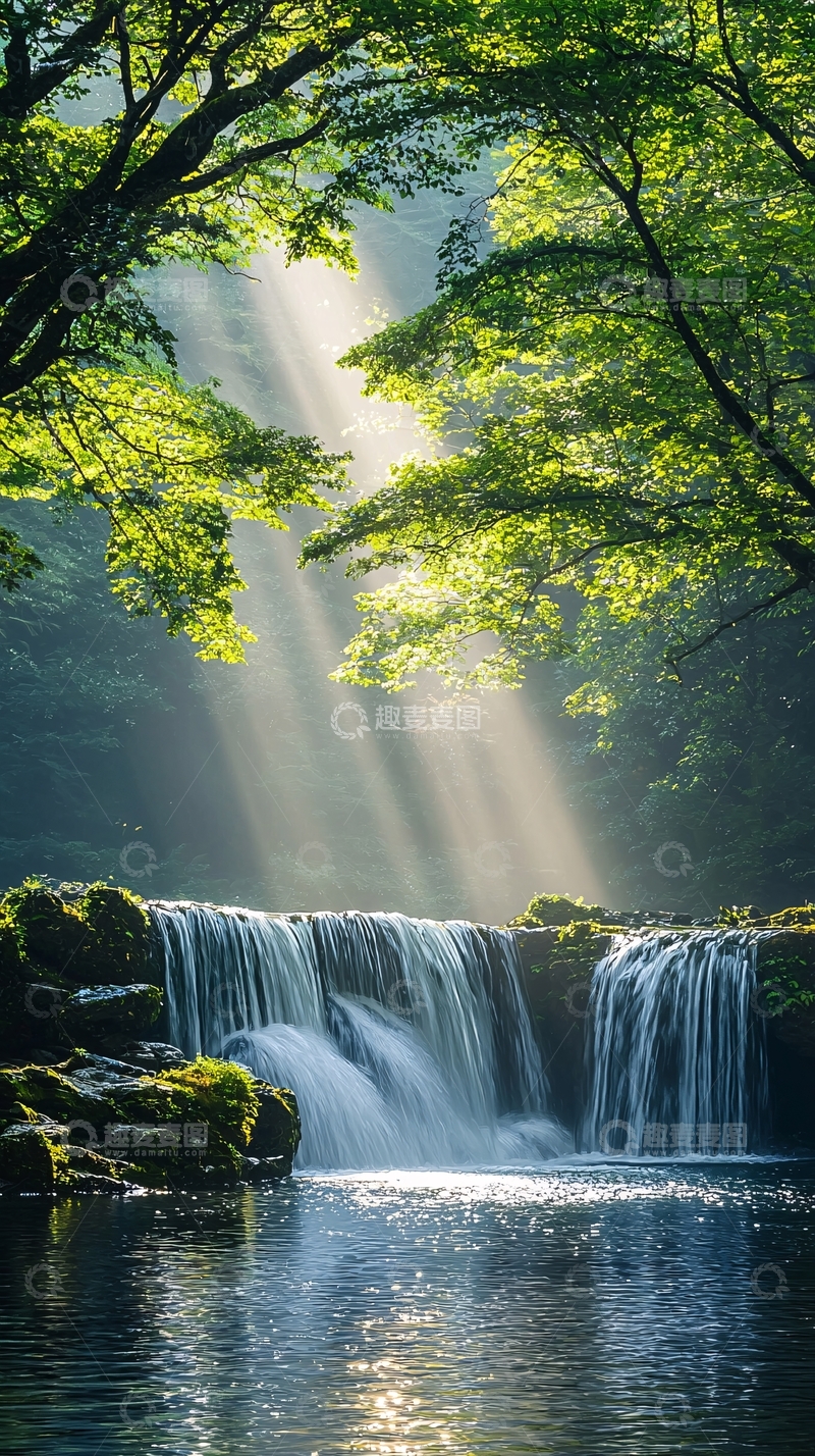 高清大图下载【趣麦麦图】阳光穿透树林瀑布