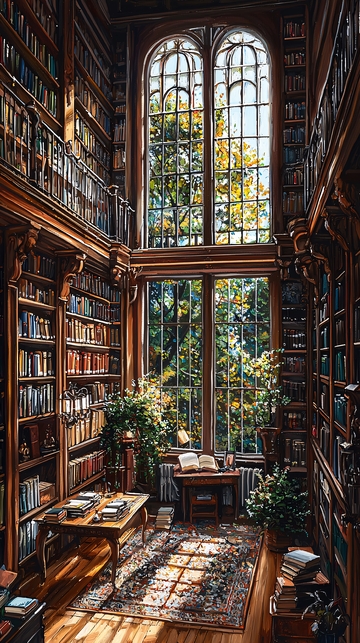 高挑书架图书馆阳光洒进