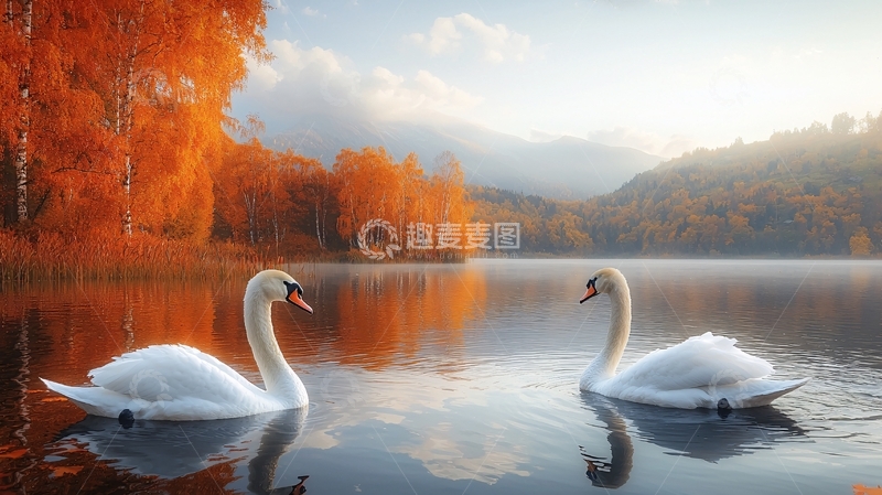 高清大图下载【趣麦麦图】秋日湖边一对天鹅