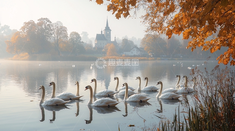 高清大图下载【趣麦麦图】秋日清晨湖面上的天鹅