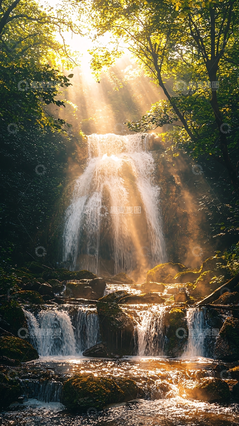 高清大图下载【趣麦麦图】阳光森林瀑布