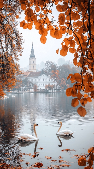 秋日湖边两白鹅