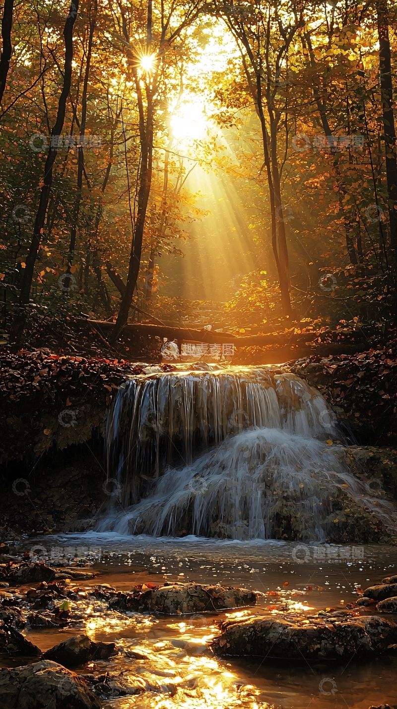 高清大图下载【趣麦麦图】秋日森林瀑布阳光