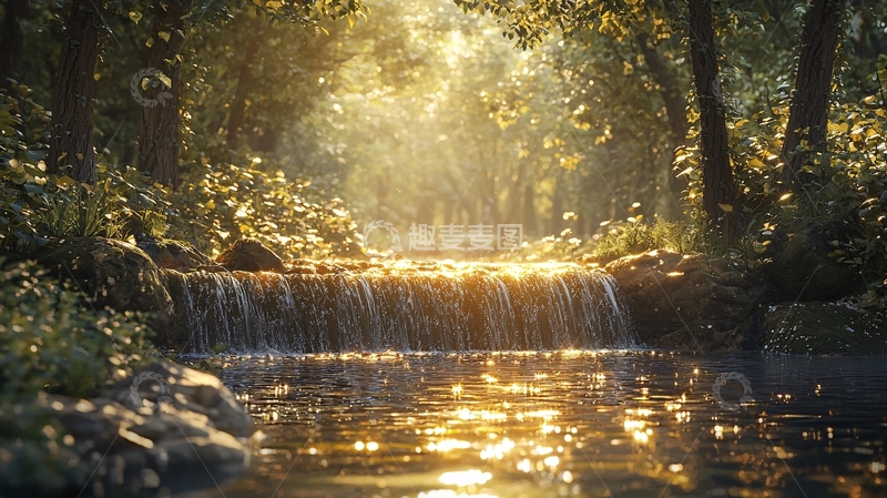 高清大图下载【趣麦麦图】阳光森林小溪瀑布