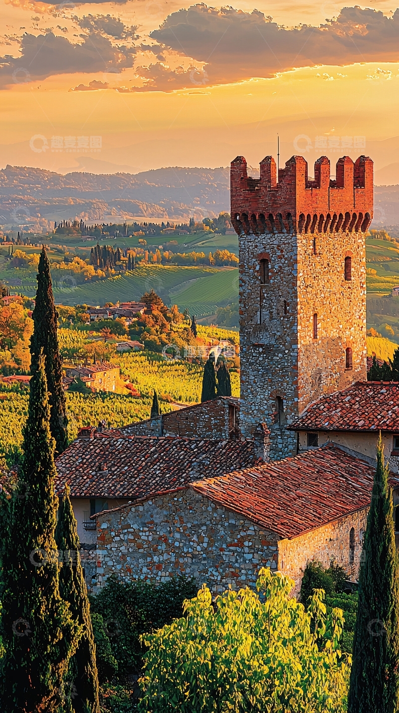 高清大图下载【趣麦麦图】夕阳下的意大利乡村景色