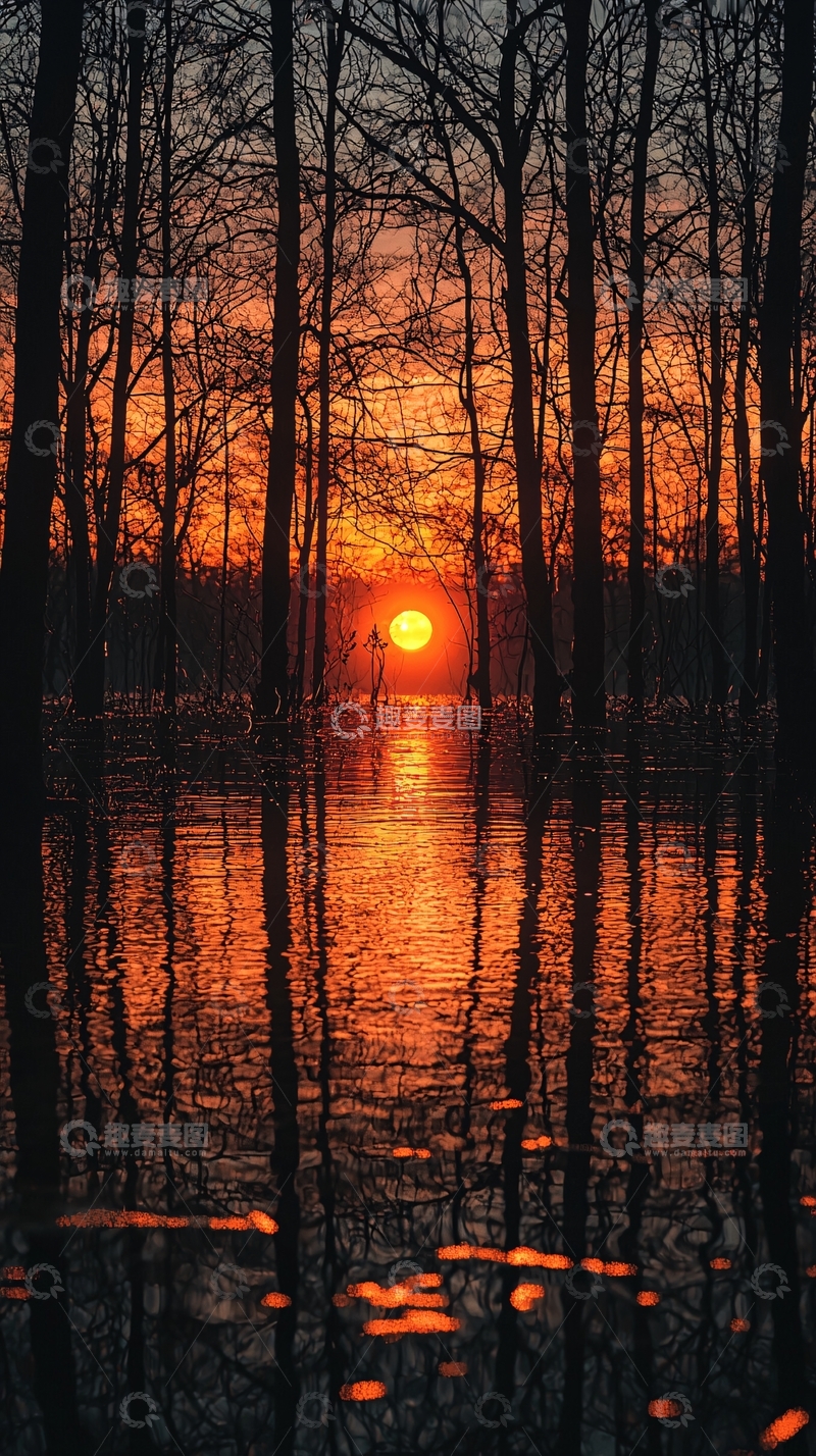 高清大图下载【趣麦麦图】落日森林水面倒影