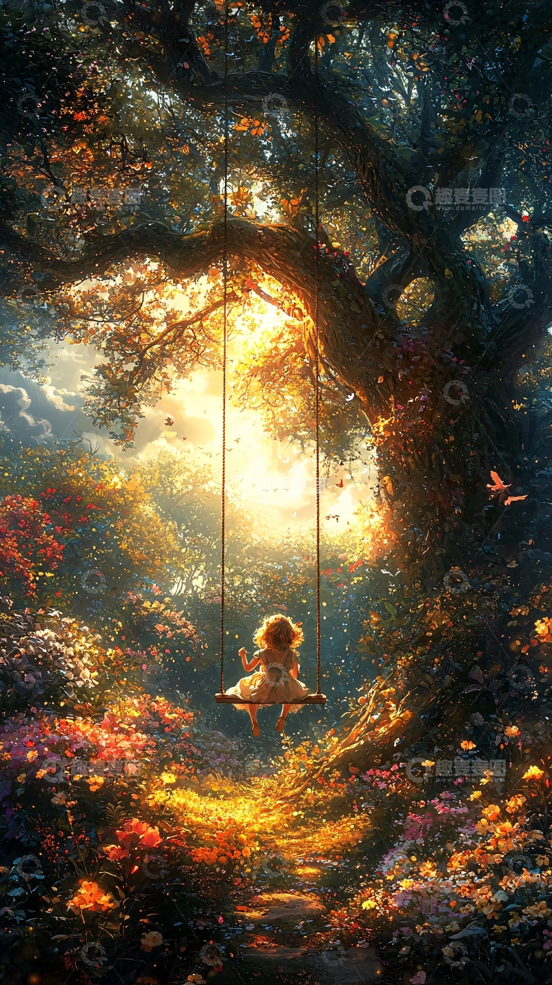 高清大图下载【趣麦麦图】女孩坐在树下秋千上