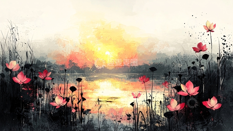 高清大图下载【趣麦麦图】水彩日落湖边花田