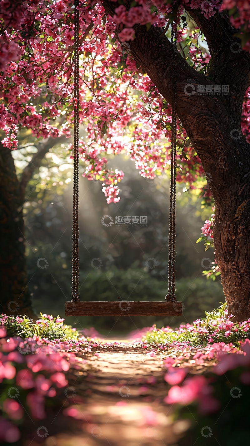 高清大图下载【趣麦麦图】粉色樱花树下秋千
