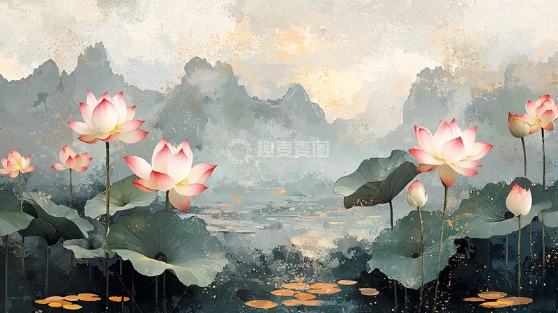 高清大图下载【趣麦麦图】水墨荷花山景图