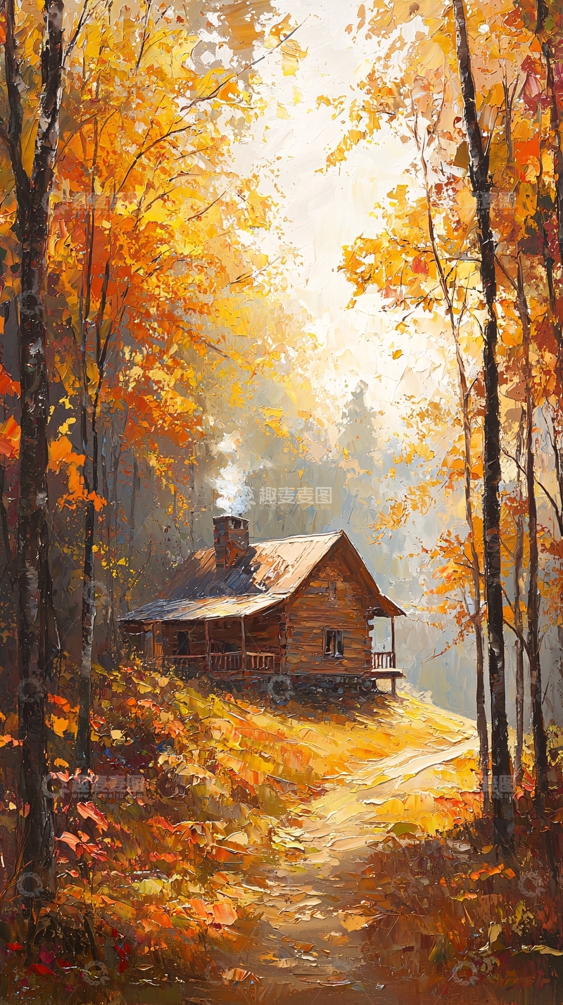 高清大图下载【趣麦麦图】秋日森林木屋
