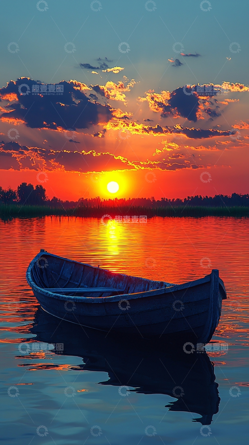 高清大图下载【趣麦麦图】夕阳西下小船湖面