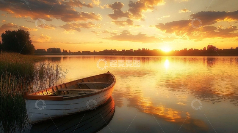 高清大图下载【趣麦麦图】日落湖景小船