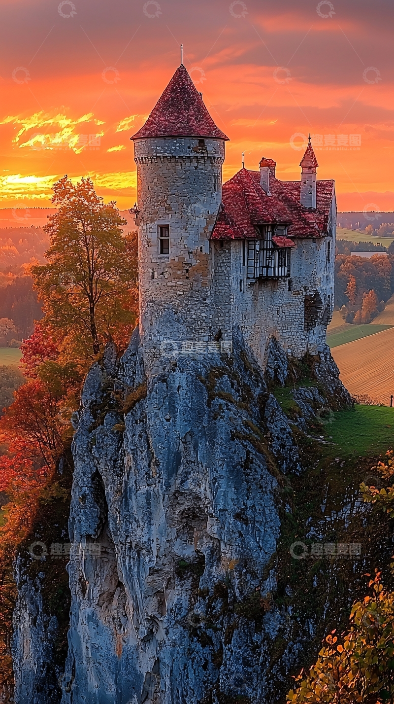 高清大图下载【趣麦麦图】山崖上的古堡落日