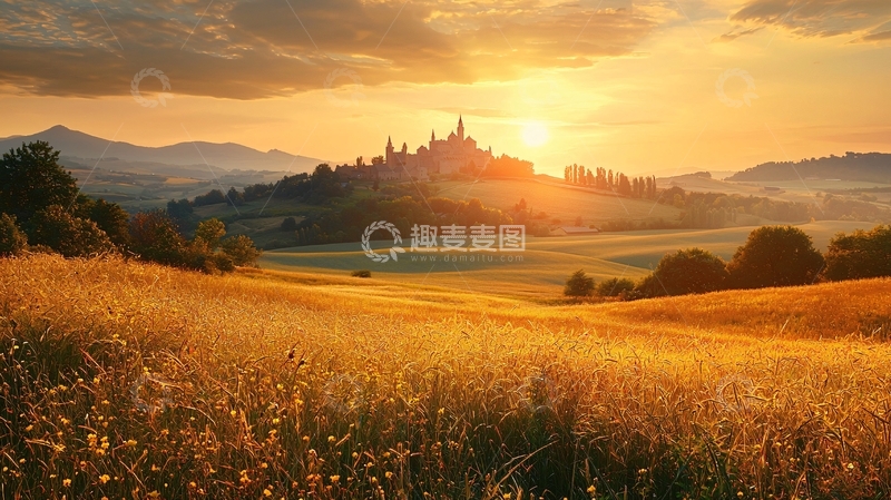 高清大图下载【趣麦麦图】日落城堡麦田风景