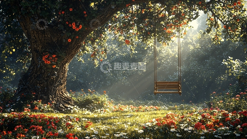 高清大图下载【趣麦麦图】阳光透过树林洒在秋千上