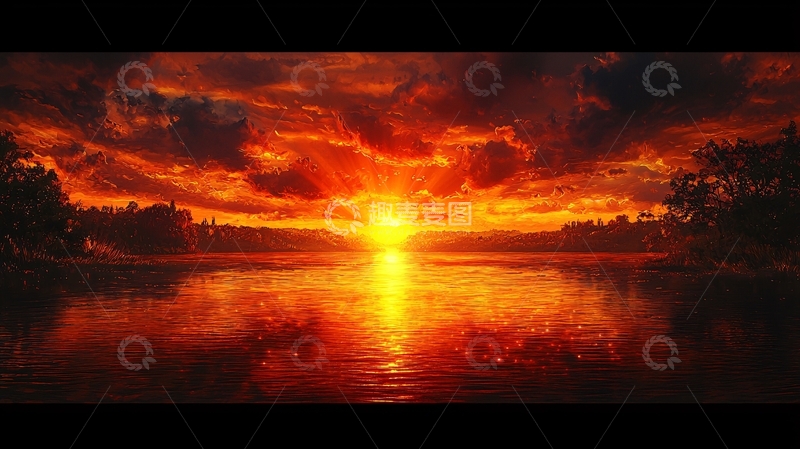 高清大图下载【趣麦麦图】火红的夕阳西下湖面景色