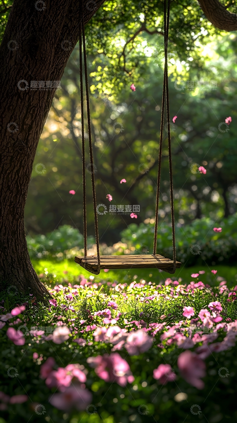 高清大图下载【趣麦麦图】树下秋千粉色花瓣