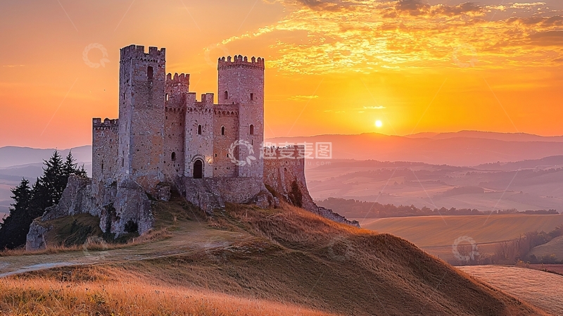 高清大图下载【趣麦麦图】日出时分山丘上的古堡