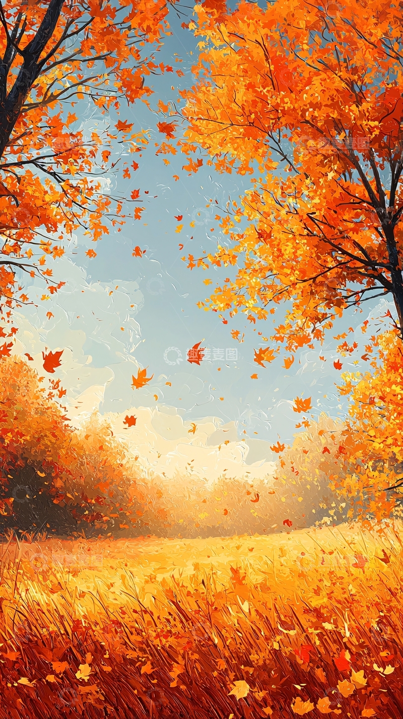 高清大图下载【趣麦麦图】秋日落叶飞舞的田园风光