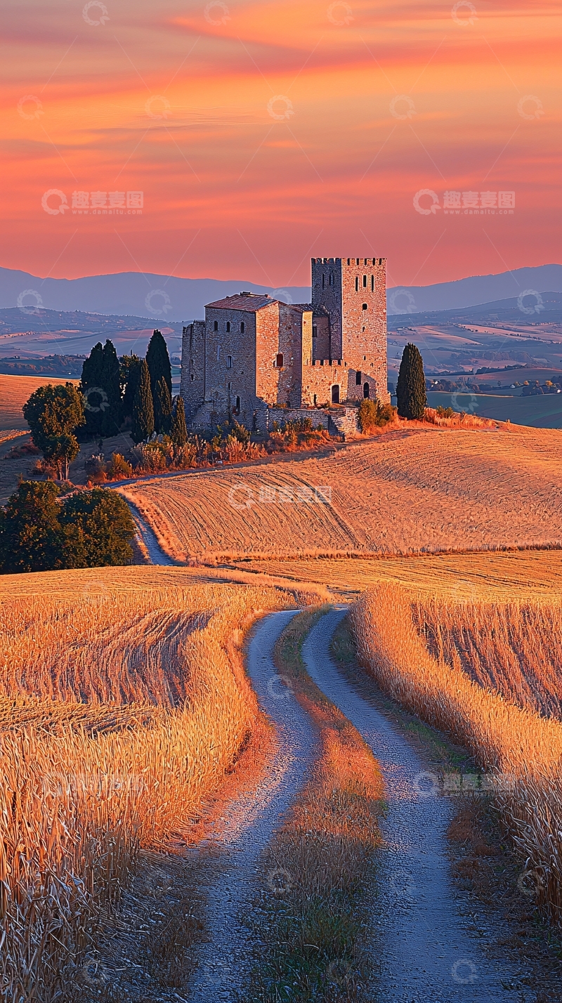 高清大图下载【趣麦麦图】夕阳下的托斯卡纳乡村城堡