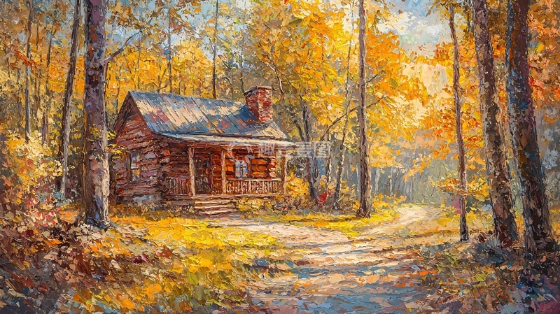 高清大图下载【趣麦麦图】秋日森林中的小屋