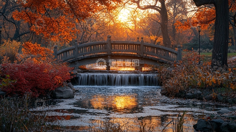 高清大图下载【趣麦麦图】秋日公园小桥流水