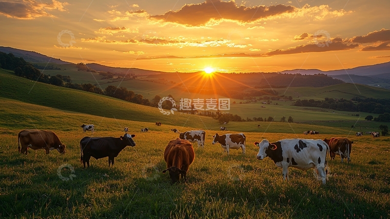 高清大图下载【趣麦麦图】夕阳下牧场的奶牛