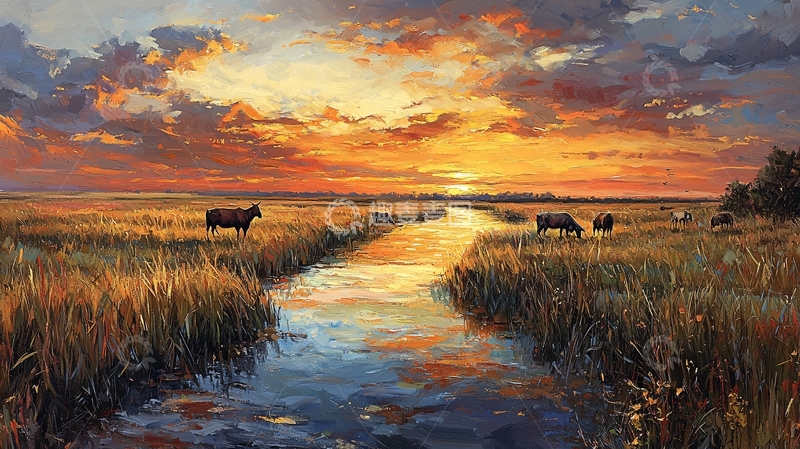 高清大图下载【趣麦麦图】夕阳草原河流风景画