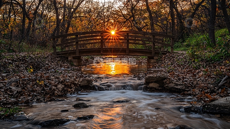 高清大图下载【趣麦麦图】秋日落日小桥流水