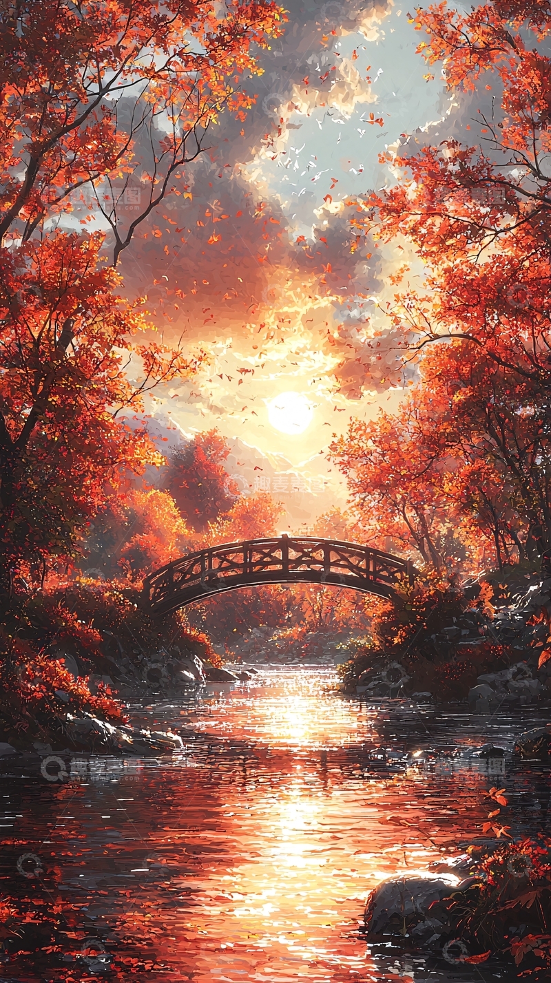 高清大图下载【趣麦麦图】秋日红枫桥流水