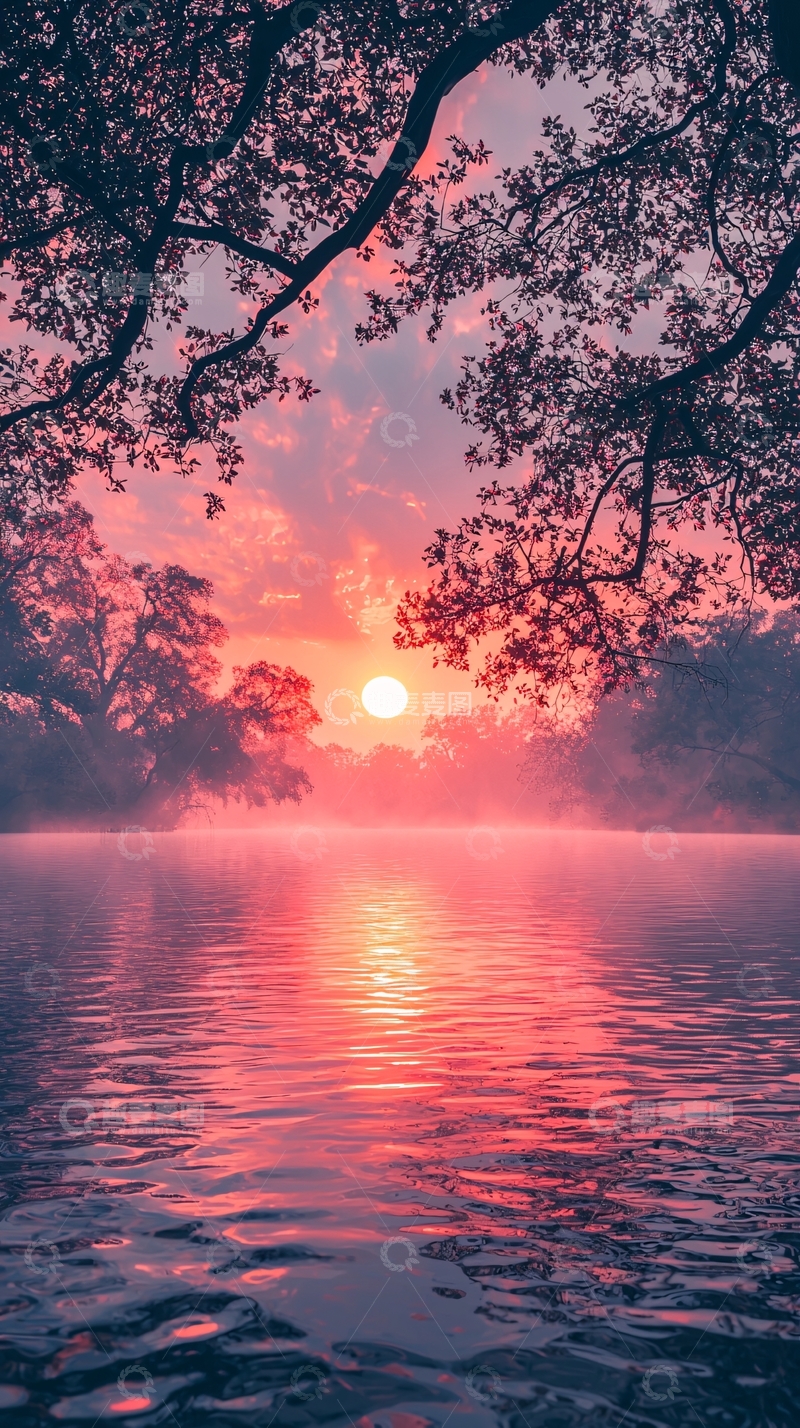 高清大图下载【趣麦麦图】日出湖面树枝剪影