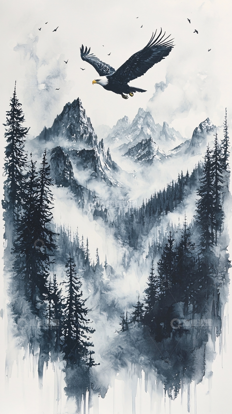 高清大图下载【趣麦麦图】雄鹰飞翔于雾气缭绕的山谷