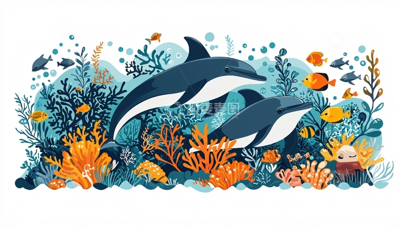 高清大图下载【趣麦麦图】海豚与珊瑚礁海洋世界