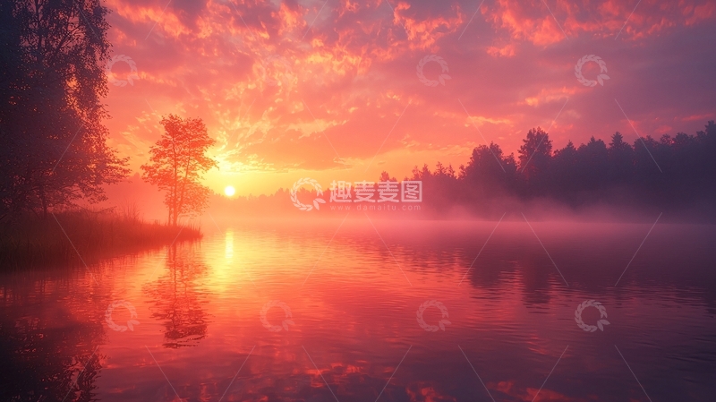 高清大图下载【趣麦麦图】红霞满天湖面日出